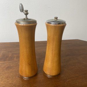 Vintage Woodpecker Woodware Salt Shaker Pepper Grinder 50's Handmade Japan Wood